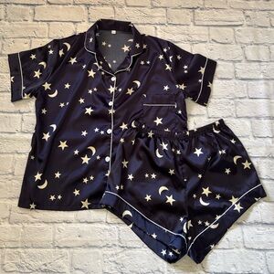 Celestial Satin Pajama Set Button Up Navy Blue with White Piping Size XL NWOT